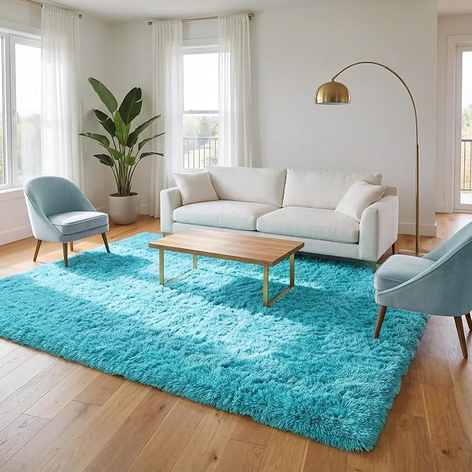 Modern Soft Fluffy Blue Shaggy Rug for Livingroom Bedroom Dorm Kids Room Indoor Home Decorative, Non-Slip Plush Furry Fur Area Rugs Comfy Nursery Accent Floor Carpet 5x8 Feet, Teal