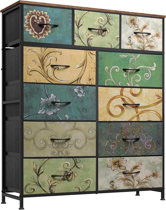 WLIVE Tall Dresser for Bedroom, 11 Drawer Chest of Drawers, Floral | 11 fabric storage drawers, Tall high-capacity design, Bedroom or dorm use, Sturdy steel frame, Smooth wood tabletop