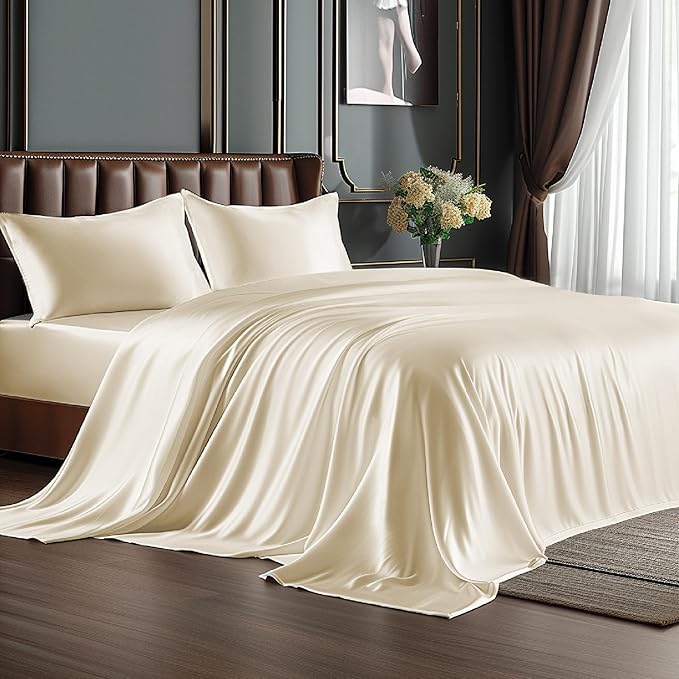 BEDELITE Satin Sheets California King Size Bed Set, Beige, 4 Pieces | Luxury Silky Bed Sheets, 15 Inch Deep Pocket, Similar to Silk, Soft and Cooling, Reduces Friction, Gentle on Hair and Skin