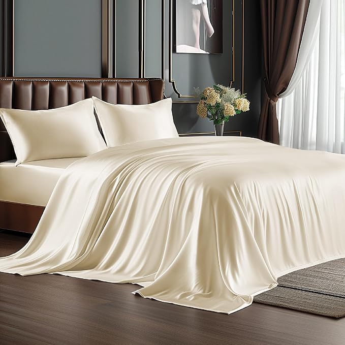 BEDELITE Satin Sheets Twin XL Size Bed Set, Beige, 3 Pieces | Luxury Silky Bed Sheets, 15 Inch Deep Pocket, Similar to Silk, Soft and Cooling, Reduces Friction, Gentle on Hair and Skin