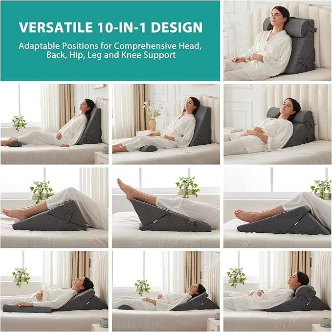 3Pcs Orthopedic Bed Wedge Pillow Set, Foam Wedge Pillow Post Surgery for Back, Leg and Knee Support, Adjustable 9&12 Inch Folding Triangle Pillow for Sleeping, Acid Reflux, Snoring, Dark Grey