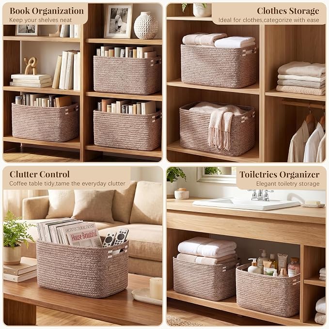 OIASKET 4Packs Natural Cotton Rope Storage Baskets for Organizing Toys, Clothes, Towels & Books, Soft Versatile Organizers for Shelves, Home Decorative Bins, 13''Lx9''Wx7.8''H, Linen Brown