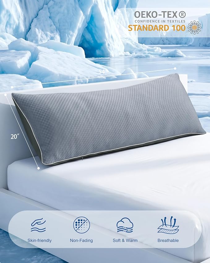 YZ HOME Cooling Body Pillow for Adults- Pillow Insert with Shredded Blue Memory Foam, Soft Support for Side Sleepper, Pregnant Women, Back Pain Relief, Washable Pillowcase (20x54 Inch, Grey) | Long Pillow for Bed with Memory Foam Insert，Adjustable, Sof...