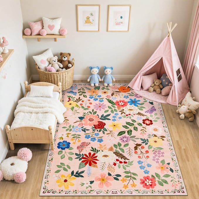 PLHXFR Area Rug Living Room: 4x6 Floral Washable Boho Soft Carpet Beige | For Bedroom Dining Room Farmhouse Nursery Hallway,Vintage Floral,Machine washable,Non Slip,Stain Resistant,Large Indoor