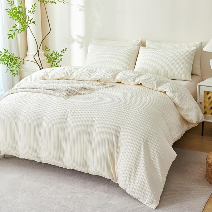Comforter King Set Beige Striped Soft Luxury Washed Microfiber Jacquard 3 Pieces Bedding Set, Beige Vertical Ticking Stripes Comforter with 2 Pillowcases Breathable Durable Comfy