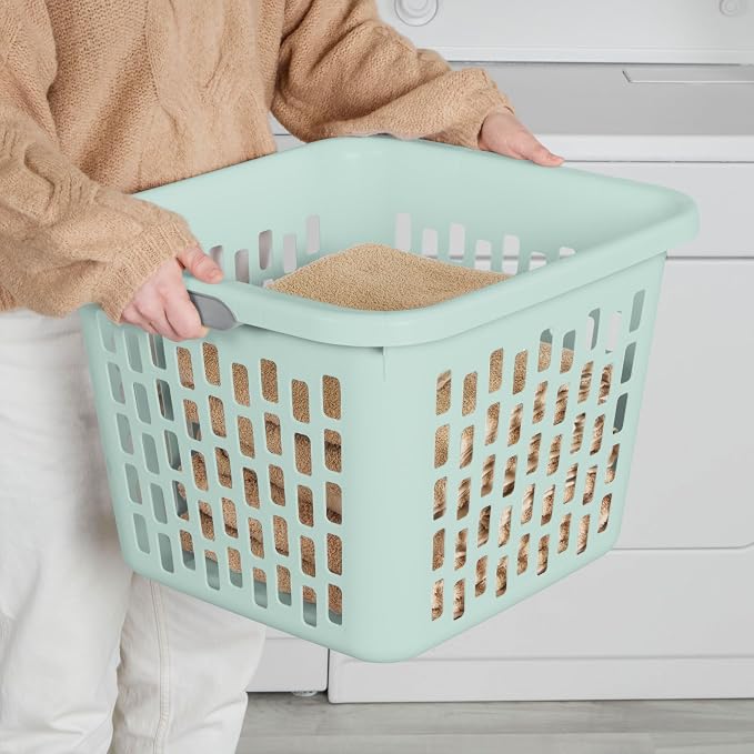 Sterilite Laundry Basket, Plastic Clothes Hamper, Large Square Bin with Comfort Grip Handles and Reinforced Rim, 1.5 Bushel Capacity, Mint, 12 Pack