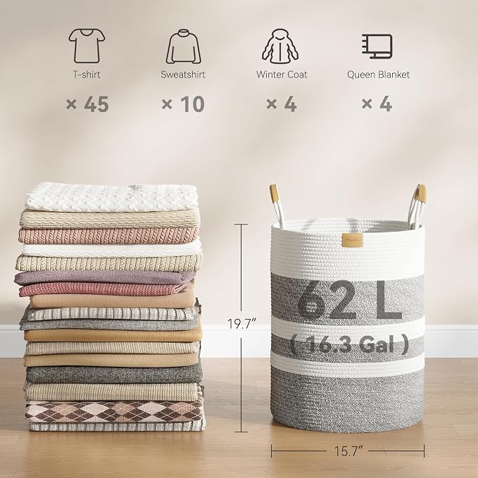 Nunsino 62L Striped Laundry Hamper with Leather Handles,Large Foldable Laundry Basket for Clothes,Cotton Rope Storage Bin for Blankets,Woven Clothes Basket for Bedroom,Gray Stripes