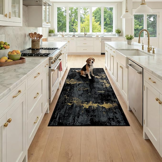RELEANY Washable Runner 3'x6' Abstract Area Rug for Hallway Black Gold | Carpet for Kitchen, Entryway, Bathroom, Living Room, Bedroom, Printed Pattern, Non‑Slip, Soft, Stain‑Resistant, Easy to Clean