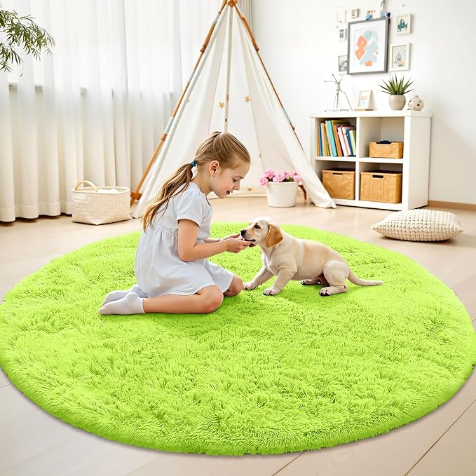 OLANLY Lime Green Round Rugs for Bedroom - Machine Washable, 7 ft Circle Area Rugs for Living Room, Soft and Fluffy Shaggy Carpet for Teen Girl and Boys, Nursery Rooms, Dorms, Home Decor Aesthetic