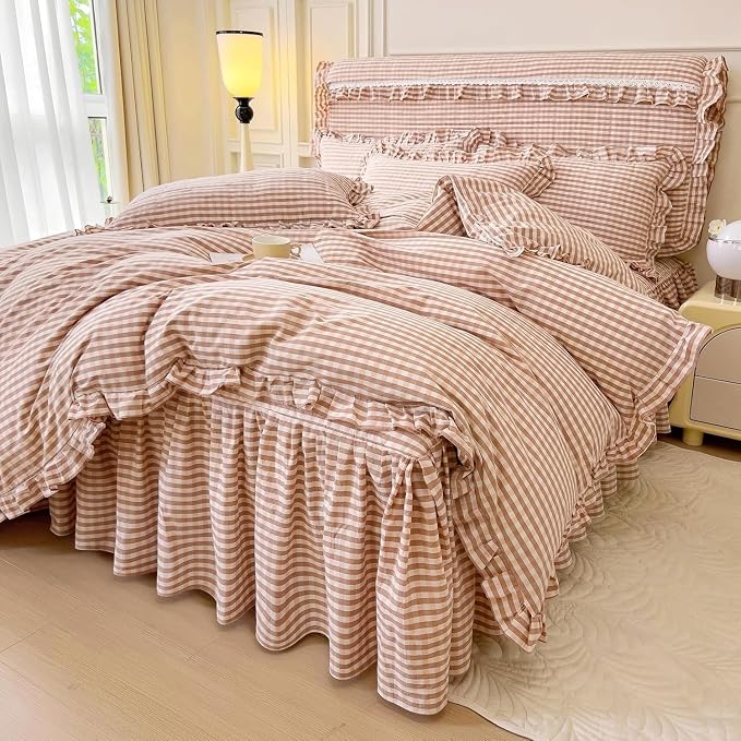 LifeTB Queen Comforter Set Pink Gingham Comforter Vintage Ruffle Blush Plaid Comforter Set 3 Pieces Checkered Grid Bed Comforter with 2 Pillowcases Fluffy Soft Gingham Bedding Set Queen Size