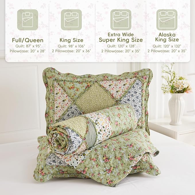 Oversized King Quilt Set Green Floral Patchwork Alaska King Bedspreads Set | 3-Piece Alaskan King Size Bedding Set 132x120 Rversible Quilted Coverlet Lightweight Comforter Bed Cover with 2 Pillowcase
