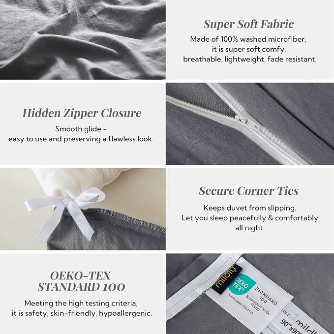 MILDLY Duvet Cover Queen Ultra Soft Comforter Cover Set 3pcs, Dark Grey | Washed Microfiber Cotton-Like, Breathable Comfort, Hidden Zipper, Corner Ties, OEKO-TEX Certified, Fade Resistant