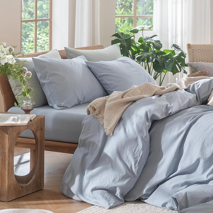 MooMee Duvet Cover Set 100% Washed Cotton Linen Like Super King | Relaxed Linen-like Texture. Soft, Breathable & Long-lasting Comfort. Lightweight. Hidden Zipper with 8 Interior Corner Ties