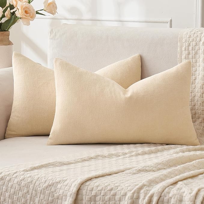 MIULEE Beige Chenille Couch Lumbar Throw Pillow Covers, 12x20 | Set of 2, Soft Neutral Modern Farmhouse Home Decor, Decorative Pillowcases for Sofa Living Room Bed