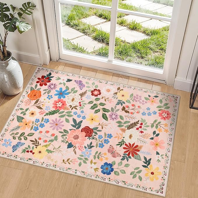PLHXFR 2x3 Small Entryway Rug: Floral Washable Indoor Soft Carpet Beige | For Entrance, Bedroom, Kitchen, Laundry, Bathroom,Door Mat,Vintage Floral,Machine washable,Non-Slip,Stain Resistant,Indoor