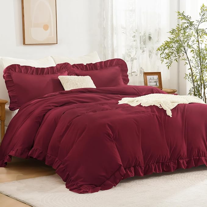 Andency Burgundy Ruffle Duvet Cover King, Shabby Chic Farmhouse Bedding Set | 3 Pieces Soft Washed Polyester Vintage Ruffled Comforter Cover Set with Zipper Closure & Corner Ties, 104x90Inch