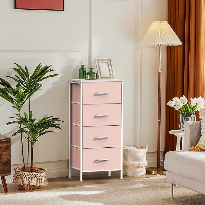 DUMOS Nightstand, Bedside Table with 4 Fabric Drawers | Night Stand with Sturdy Steel Frame Wood Top, Small Narrow Dresser Organizer Furniture, Bedroom Closet Living Room, Pink