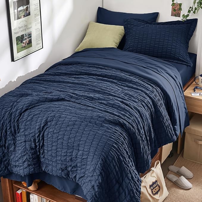 HYMOKEGE Navy Blue Twin Comforter Set Seersucker 5 Pieces, All Season Luxury Bed in a Bag for Bedroom, Bedding Set with Comforters, Sheets, Pillowcase & Sham