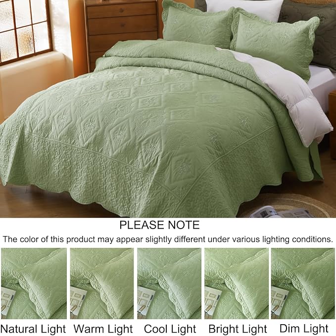 Cmfshape Floral Embroidery Quilt Set,3 Pieces Queen Quilt Bedding Set,Classic Diamond Pattern Quilts,Ultra Soft Lightweight Reversible Bedspread Coverlets for All Season(Sage Green,90"x90")