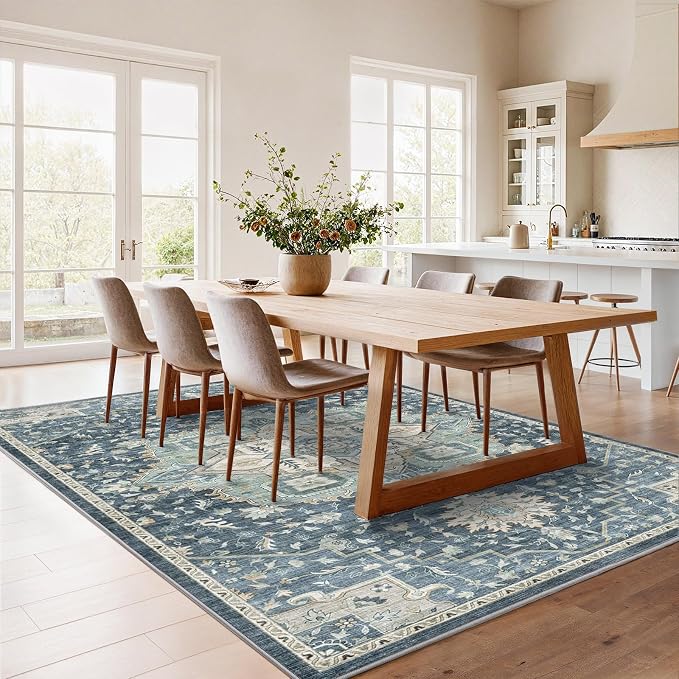 AMADA HOMEFURNISHING Washable Area Rugs, Low-Profile Washable Rug with Non-Slip Backing & Durable Edge Binding, Vintage Rugs for Living Room, Bedroom, Dinning Room (6x9, Blue/Yellow)