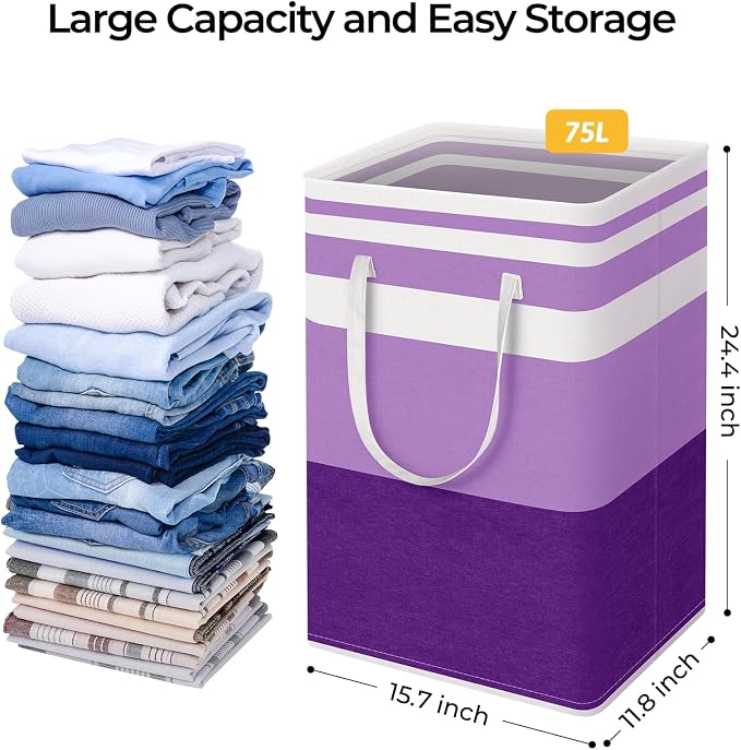HomeHacks 2 Pack Laundry Baskets, Laundry Hampers Bags (Purple 75Lx2) | Waterproof, Freestanding, Collapsible Clothes Hamper with Reinforced Handles in Laundry Room, Dorm, Bathroom, Bedroom