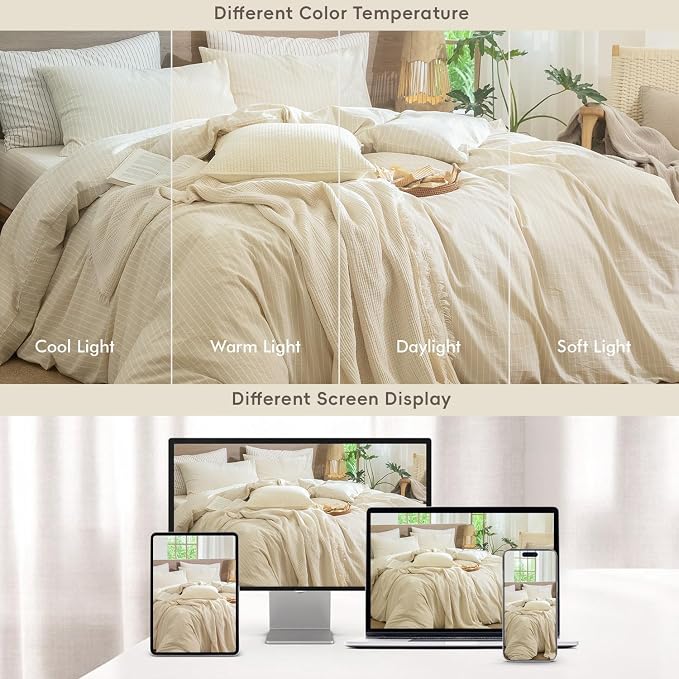 MooMee Striped Duvet Cover Set 100% Washed Cotton Linen Like Alaska King | Relaxed Linen-like Texture. Soft, Breathable & Long-lasting Comfort. Lightweight. Hidden Zipper with 8 Interior Corner Ties