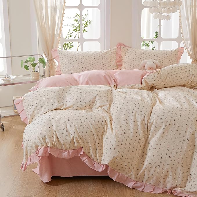 mixinni Pink Floral Duvet Cover Set Twin Size – 100% Cotton Ruffle Lace Bedding, Romantic Blushing Flower Print, Reversible Striped Pattern, Cottagecore Soft Aesthetic Princess Bedding for Girls