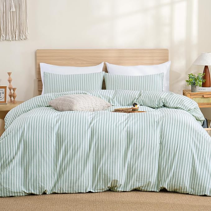 TOCOMOA Sage Green Striped Duvet Cover Set Washed Cotton Like Linen, Queen | 100% Washed Cotton Linen-Like Feel Soft, Breathable & Comfy. Lightweight Bedding Set with Zipper & 8 Ties. 3 Pcs, No Insert