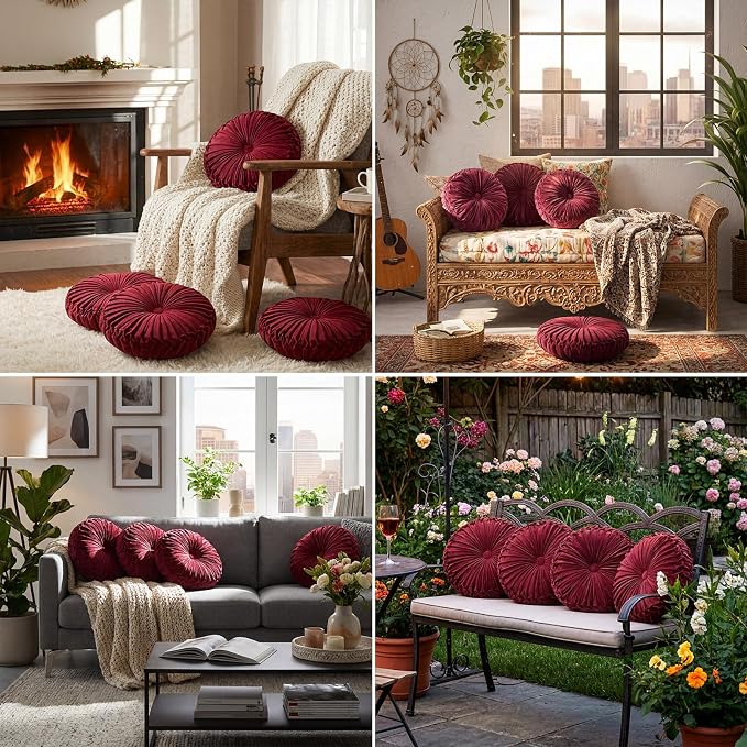 Kathfly 4 Pcs Decorative Round Pleated Throw Pillows, Classy Velvet Pumpkin Round Throw Pillows, Decorative Floor Pillow for Bed Chair Home Sofa Decor, 14" Diameter (Burgundy)