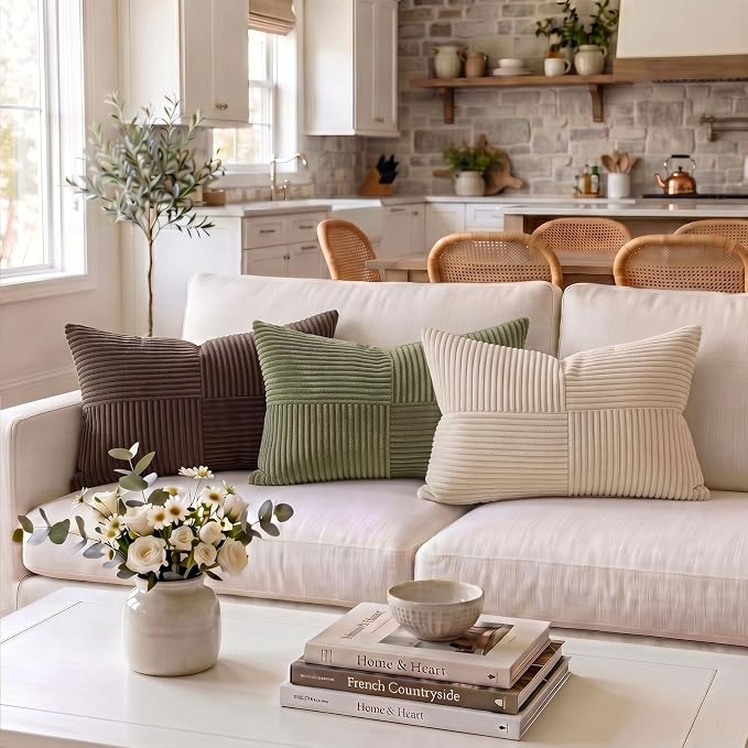 Fancy Homi 2 Packs Olive Green Lumbar Decorative Throw Pillow Covers 16x28 Inch for Living Room Couch Bed, Farmhouse Boho Home Decor, Soft Striped Corduroy Rectangle Accent Cushion Case 40x70 cm