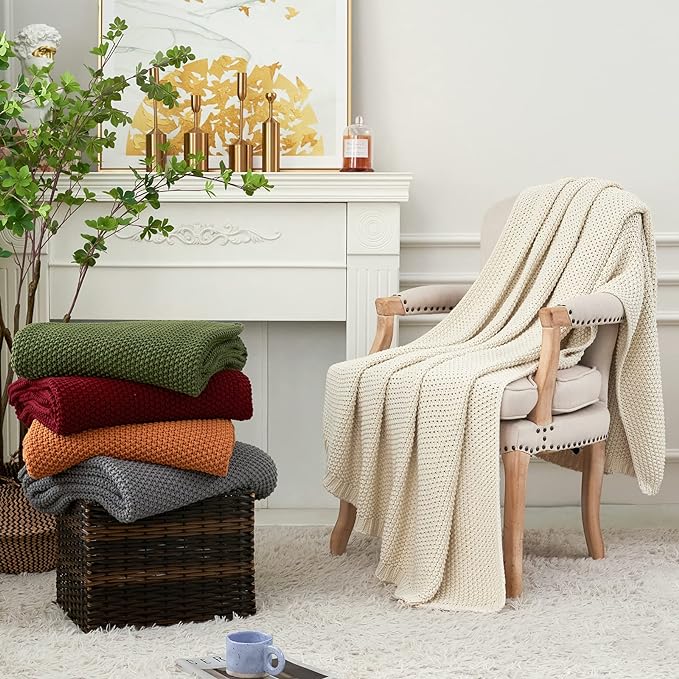 Chunky Cable Knit Throw Blanket Lightweight Cream 100% Organic Cotton Blanket for Sofa Couch Bed Baby Nursery, Rustic Shabby Chic Modern Farmhouse, 60” x 80” Give Laundering Bag