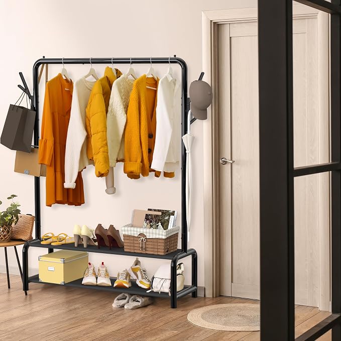 Simple Houseware 52" W Freestanding Closet Garment Rack with Shelves, Black | With 600D Fabric Shelves, Hanger Stoppers, and Hooks for Coat & Hat