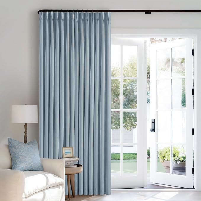 Dusty Blue Pleated Linen 100% Blackout Curtains 102 Inches Long for Bedroom | Black Out Room Darkening, Thermal Insulated, Pinch Pleat Rings Hooks, for Living Room, Light Blue Curtains with Liner 40x102