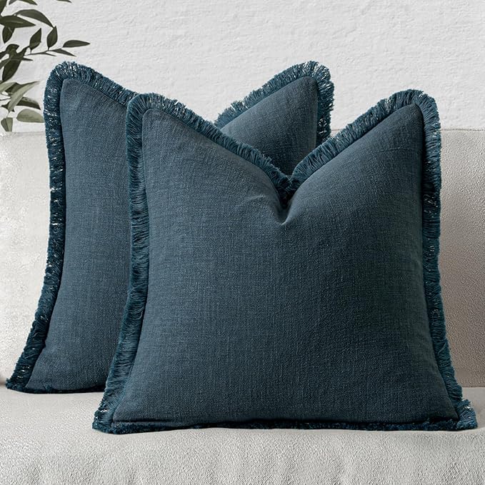 MIULEE Linen Fringe Decorative Euro Throw Pillow Covers Navy Blue 26x26 | Set of 2, Cottagecore Decor, Boho Farmhouse Coastal Pillow Covers, Rustic Couch Cushion Cases for Sofa Bed Living Room