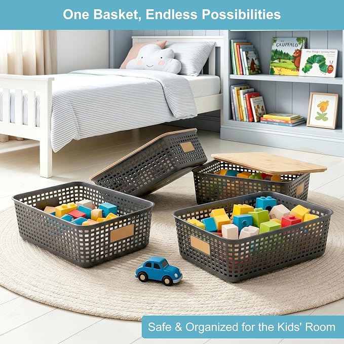 4 Pack Plastic Storage Bins with Bamboo Lids, 6.2qt Stackable Storage Organizer Box with Lable for Pantry Shelves Drawers Desktop Office, 12"L x 8.3"W x 3.5"H, Gray