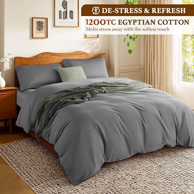 DEITAS 100% Cotton Queen Duvet Covers 3 Piece,1200 Thread Count，Grey | Luxury Egyptian Cotton Comforter Cover With Zipper Closure, Ultra Cooling Breathable, Hotel Bedding Duvet Covers