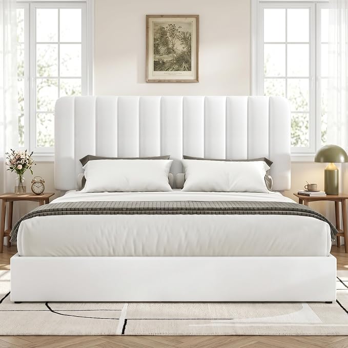 VECELO Full Size Upholstered Bed Frame with 4 Drawers and Headboard, Velvet Platform Storage Bedframe, Wooden Slats Support, No Box Spring Needed,White