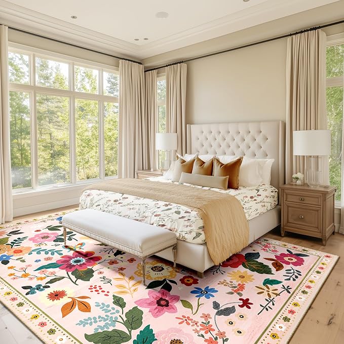 RELEANY Floral Washable 9x12 Area Rugs Pink | Flower Carpet, Print, Boho, Non-Slip, Easy to Clean, Soft, Low Pile for Living Room Bedroom Kitchen Office Entryway Hallway