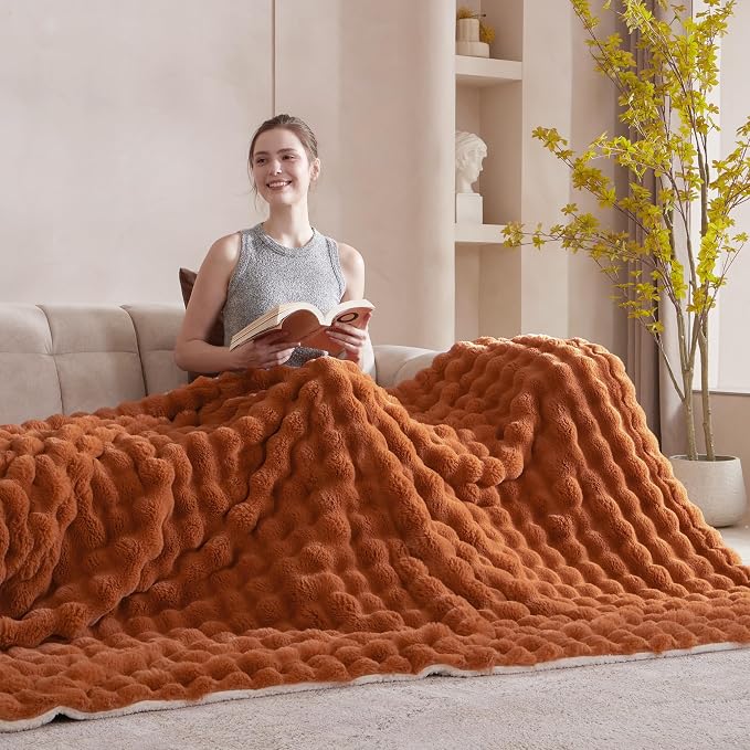 60x80 Inches Ultra-Soft Fuzzy Faux Fur Plush Twin Size Blanket - Thick, Warm Sherpa for Couch, Sofa, Bedroom, Camping - Decorative Blanket for Cozy Warmth, Bubble Rust
