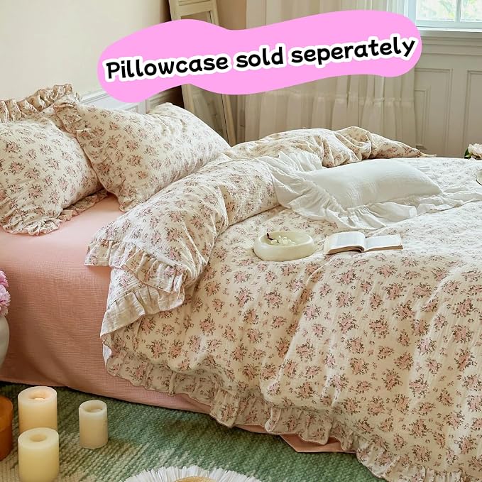 Vintage Floral Queen Duvet Cover Cotton Muslin Comforter Cover with Ruffles, Soft Lightweight Gauze Bedding Quilt Cover 90"x90", No Pillow Case, Zipper & Corner Ties, Machine Wash