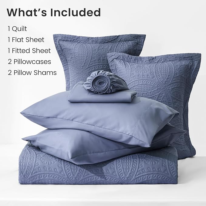 Love's cabin Queen Quilt Set Bluish Grey, Bed in a Bag Queen Bedding 7 Pcs, Ultrasonic Embossed Coin Pattern Comforter, Lightweight Bedspreads for All Seasons Quilt with Sheets, Pillowcases & Shams