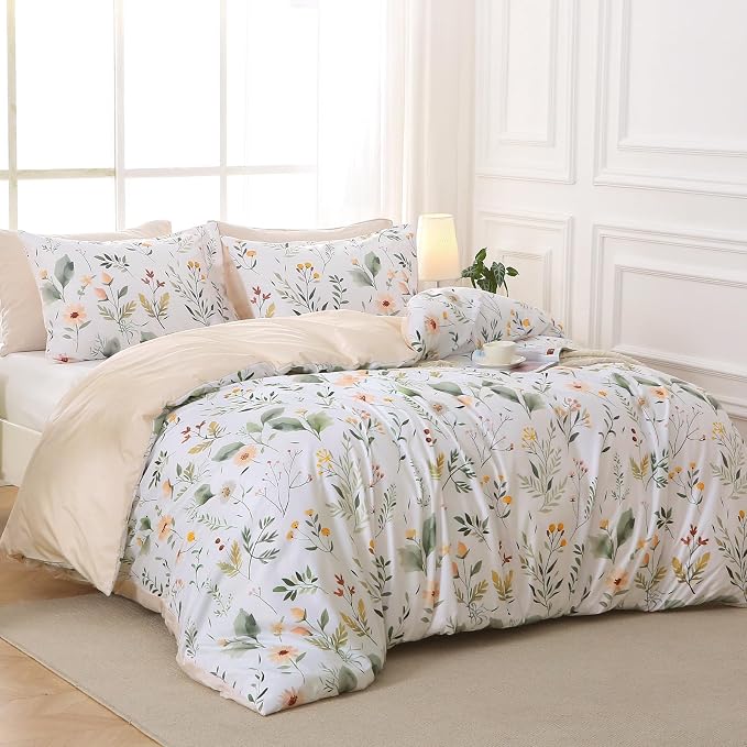 Duvet Cover King Size, Reversible Floral Vintage Duvet Cover Set with Zipper Closure, 3 Pieces Botanical Patterns Soft Microfiber Bedding Set (90"x104", 2 Pillow Cases 20"×36", Garden Leaves White)