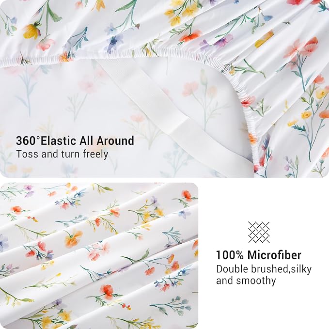 Viviland Floral King Sheet Set - 4 Piece Vintage Botanical Flower and Leaves Patterned Bed Sheets - Soft, Breathable Microfiber Sheets with Deep Pocket, Non-Slip Fitted Sheets & Pillowcases