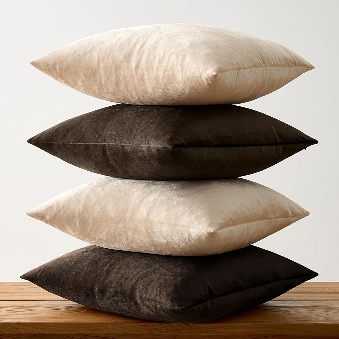 GIGIZAZA Pack of 4 Decorative Velvet Pillow Covers 16x16 Brown Beige | Throw Pillows for Couch Sofa,280gsm Soft Textured Fabric,Modern Accent Pillowcases,Luxury Living Room Cushion Covers