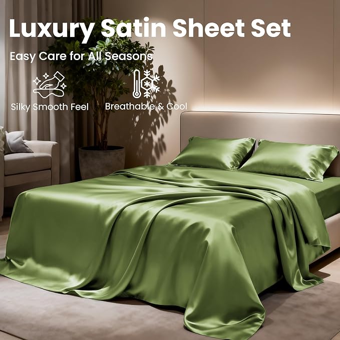 Love's cabin Twin XL Satin Sheet Sets - 3 Piece Sage Silky Bed Sheets with Deep Pockets, Luxury Silk Feel Satin Sheet Set Twin XL (1 Flat Sheet,1 Fitted Sheet,1 Pillow case)