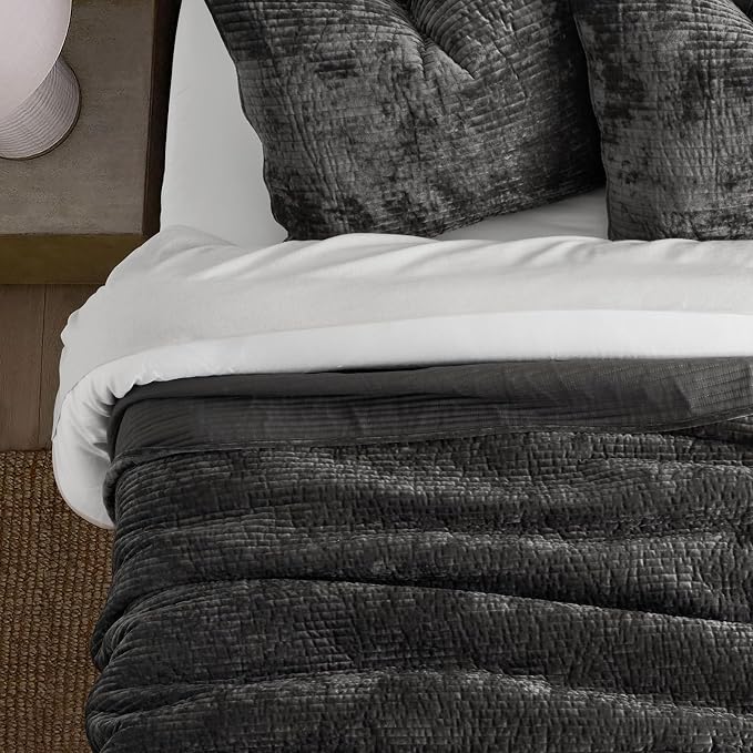 EverGrace Striped Channel Velvet Quilt Set, King Size, Washed Black | Luxurious Soft Lightweight Velvet Comforter, Oversized Bedspread Coverlet, Quilted Bedding Set for All Season, with 2 Shams