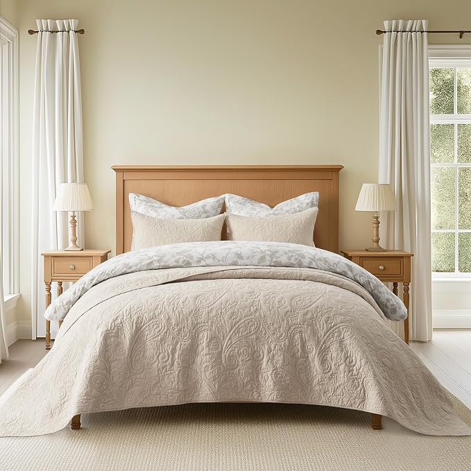 EVERGRACEHOME 100% Cotton Paisley Quilt Set, Oversized King, Flax Beige | Prewashed for Softness, Year-Round Breathability, Gift-Ready Box, Matelasse-style Quilted Coverlet, 3 Piece Set with 2 Shams