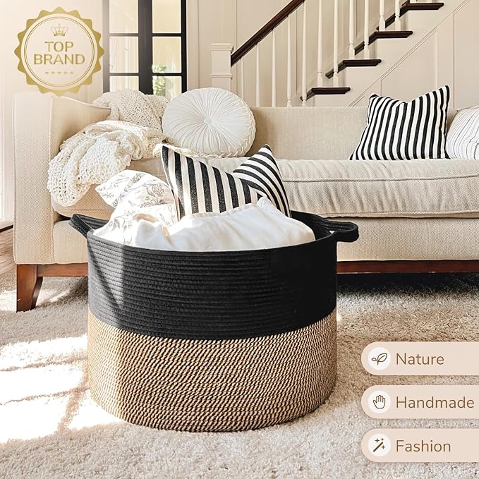 INDRESSME XXXLarge Woven Rope Blanket Basket Living Room Mix Black, 90L | 21.7" x 13.8" Storage baskets for toys laundry & pillows. Fits living room, bedroom or nursery décor. Soft-touch with handles