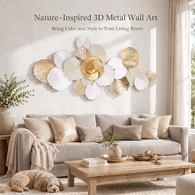 Axioglo 67" Large Wall Decor 3D Lotus Leaf Metal Wall Art for Living Room | 67" x31" metal wall decor with layered metal texture, mounting hardware, two-way display