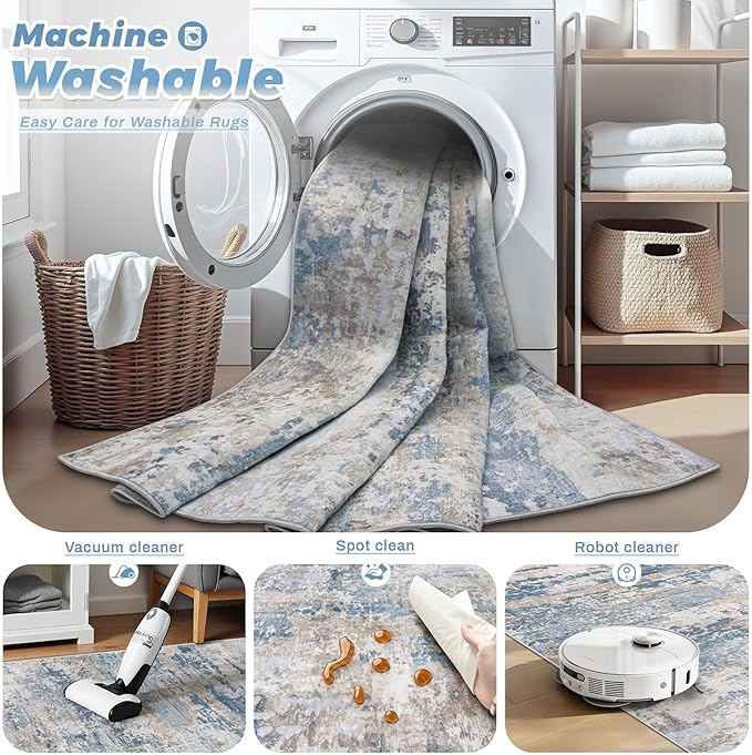 pmtsns Area Rugs 9x12 for Living Room: Washable Rug Modern Abstract Neutral Soft Non-Slip Low-Pile Indoor Large Carpet for Bedroom Dining Room Playroom Home Office (Light Blue Brown, 9'x12')